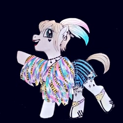 Size: 1996x1996 | Tagged: dead source, safe, artist:andressuperhell, artist:smol_andriusha, imported from derpibooru, oc, oc only, earth pony, pony, clothes, dress, ear piercing, earring, earth pony oc, harley quinn, heart, jewelry, piercing, ponified, raised hoof, shoes, smiling, solo, tattoo