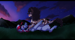 Size: 3966x2101 | Tagged: safe, artist:silentwolf-oficial, imported from derpibooru, oc, oc only, earth pony, pony, zebra, earth pony oc, lying down, male, mountain, on back, outdoors, stallion, twilight (astronomy), zebra oc