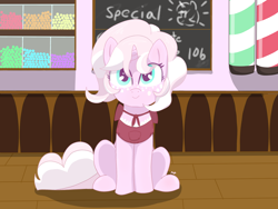 Size: 4000x3000 | Tagged: safe, artist:marshmallowfluff, imported from derpibooru, oc, oc only, oc:marshmallow fluff, pony, unicorn, apron, candy, clothes, explicit source, food, freckles, sitting, solo