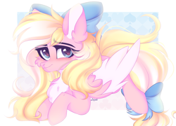 Size: 4542x3270 | Tagged: safe, artist:lazuli, artist:mint-light, imported from derpibooru, oc, oc only, oc:bay breeze, pegasus, pony, bow, chest fluff, colored pinnae, commission, ear fluff, hair bow, looking at you, lying down, pale belly, pegasus oc, prone, signature, solo, tail bow, two toned wings, wings, ych result