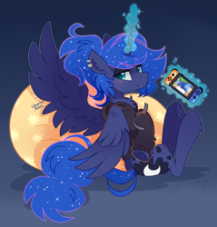 Size: 2200x2300 | Tagged: safe, artist:liquorice_sweet, imported from derpibooru, princess luna, alicorn, pony, gamer luna, animal crossing, animal crossing: new horizons, bean bag chair, beanbag chair, clothes, cute, female, gamer, gaming, high res, hoodie, lunabetes, mare, nintendo switch, ponytail, princess, simple background, solo