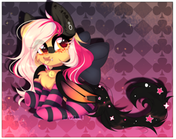 Size: 3835x3040 | Tagged: safe, artist:lazuli, artist:mint-light, imported from derpibooru, oc, oc only, bat pony, pony, :p, bat pony oc, bat wings, chest fluff, clothes, collar, commission, eye clipping through hair, signature, sitting, socks, solo, striped socks, tongue out, wings, ych result