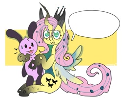 Size: 604x483 | Tagged: safe, artist:lowname, imported from derpibooru, fluttershy, queen chrysalis, changeling, changeling queen, rabbit, abstract background, animal, female, fusion, sitting, speech bubble