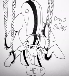 Size: 1855x2048 | Tagged: safe, artist:lowname, imported from derpibooru, twilight sparkle, pony, unicorn, bondage, female, floppy ears, inktober, inktober 2019, jewelry, mare, monochrome, ring, rope, solo, stuck, suspended, talking, traditional art, unicorn twilight