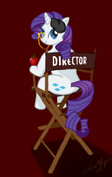 Size: 1200x1885 | Tagged: safe, artist:laramagyar, imported from derpibooru, rarity, pony, unicorn, apple, beret, chair, director, director rarity, director's chair, fanfic art, female, food, hat, looking at you, looking back, looking back at you, mare, monocle, sitting, solo