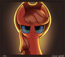 Size: 2500x2200 | Tagged: safe, artist:melanyschaffer, artist:opal_radiance, imported from derpibooru, applejack, earth pony, pony, angry, applejack is not amused, applejack's hat, bust, cowboy hat, female, freckles, frown, hat, high res, looking at you, mare, portrait, solo, unamused