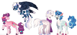 Size: 2994x1368 | Tagged: safe, artist:wanderingpegasus, imported from derpibooru, double diamond, night glider, party favor, sugar belle, classical unicorn, earth pony, pegasus, pony, unicorn, alternate hairstyle, blushing, chest fluff, cloven hooves, ear fluff, equal four, female, flying, freckles, grin, leg fluff, leonine tail, looking at each other, male, mare, markings, raised hoof, raised leg, redesign, simple background, smiling, stallion, unshorn fetlocks, white background