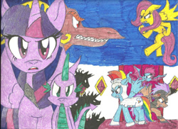 Size: 960x698 | Tagged: safe, artist:kaitlynfox-dog, imported from derpibooru, fluttershy, rainbow dash, spike, twilight sparkle, alicorn, bat pony, dragon, pegasus, pony, angry, armor, fight, floppy ears, flying, looking at you, traditional art, twilight sparkle (alicorn)