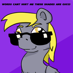 Size: 1000x1000 | Tagged: safe, artist:spagootispootis, imported from ponybooru, derpy hooves, pegasus, pony, black glasses, bust, female, mare, purple background, simple background, solo, sunglasses, text