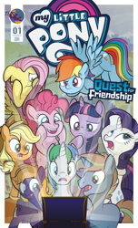 Size: 1920x3168 | Tagged: safe, artist:alexdti, imported from derpibooru, applejack, fluttershy, pinkie pie, rainbow dash, rarity, twilight sparkle, oc, oc:ale, oc:brainstorm (alexdti), oc:marco, oc:purple creativity, oc:star logic, oc:umberto, alicorn, earth pony, pegasus, pony, unicorn, comic:quest for friendship, comic, cover, cover art, i can't believe it's not idw, mane six, marshmelodrama, rarity being rarity, scared, style emulation, treasure chest