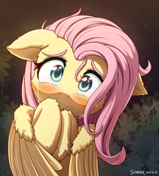 Size: 1800x2000 | Tagged: safe, artist:symbianl, imported from derpibooru, fluttershy, pegasus, pony, filli vanilli, :c, blushing, bust, cheek fluff, crying, cute, ear fluff, female, floppy ears, fluffy, front view, frown, full face view, hoof fluff, hooves to the chest, leg fluff, looking at you, mare, sad, sadorable, scared, shyabetes, solo, stray strand, teary eyes, wavy mouth, weapons-grade cute, wing fluff, wings