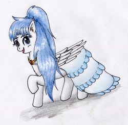 Size: 2048x2009 | Tagged: safe, artist:40kponyguy, derpibooru exclusive, imported from derpibooru, oc, oc only, oc:clarise, pegasus, pony, clothes, cute, dress, ear fluff, gala dress, looking at you, ponytail, simple background, skirt, solo, traditional art