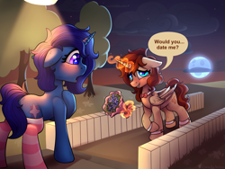 Size: 4000x3000 | Tagged: safe, artist:cornelia_nelson, imported from derpibooru, oc, oc only, oc:cornelia nelson, oc:delly, alicorn, pony, unicorn, alicorn oc, blushing, clothes, cute, flower, horn, magic, moon, night, romantic, socks, stockings, striped socks, text, thigh highs, tree, wings