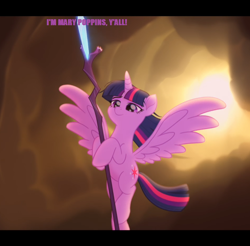 Size: 950x936 | Tagged: safe, edit, edited screencap, imported from derpibooru, screencap, twilight sparkle, alicorn, pony, my little pony: the movie, comic, guardians of the galaxy vol. 2, i'm mary poppins y'all, mary poppins, screencap comic, staff, staff of sacanas, twilight sparkle (alicorn), yondu, yondu udonta