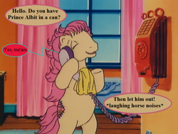 Size: 862x647 | Tagged: safe, edit, edited screencap, imported from derpibooru, screencap, patch (g1), my little pony tales, the impractical joker, bipedal, curtains, cute, descriptive noise, dialogue, g1, horse noises, implied oc, patchabetes, phone, prank, prank call, speech bubble, telephone, window