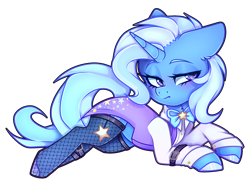 Size: 2282x1683 | Tagged: safe, artist:_spacemonkeyz_, imported from derpibooru, trixie, pony, unicorn, blushing, bowtie, colored hooves, cute, diatrixes, ear fluff, female, fishnets, lying down, mare, prone, simple background, solo, tailcoat, transparent background, wand