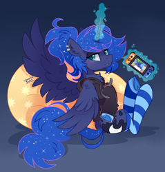 Size: 2200x2300 | Tagged: safe, alternate version, artist:liquorice_sweet, imported from derpibooru, princess luna, alicorn, pony, gamer luna, animal crossing, animal crossing: new horizons, bean bag chair, beanbag chair, butt, clothes, cute, female, gamer, gaming, high res, hoodie, lunabetes, mare, nintendo switch, plot, ponytail, princess, simple background, socks, solo, striped socks