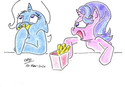 Size: 1024x710 | Tagged: safe, artist:gafelpoez, imported from derpibooru, starlight glimmer, trixie, pony, eating, food, french fries, herbivore