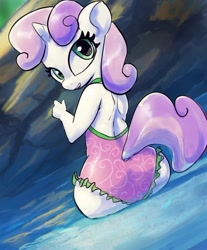 Size: 600x725 | Tagged: safe, alternate version, artist:grissaecrim, artist:raikoh, imported from derpibooru, sweetie belle, anthro, unicorn, adorasexy, clothes, cute, diasweetes, one-piece swimsuit, open mouth, open-back swimsuit, sexy, solo, swimsuit