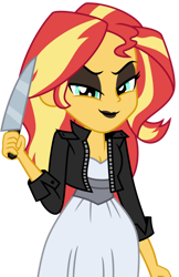 Size: 1024x1578 | Tagged: safe, artist:emeraldblast63, imported from derpibooru, sunset shimmer, equestria girls, bride of chucky, child's play, clothes, clothes swap, cosplay, costume, eyeshadow, friday the 13th, gloves, knife, makeup, motorcross, simple background, solo, tiffany, tiffany valentine, transparent background