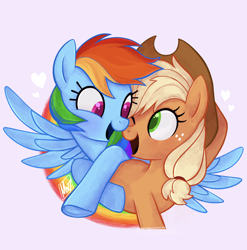 Size: 1958x1980 | Tagged: artist needed, safe, artist:mn27, imported from derpibooru, applejack, rainbow dash, earth pony, pegasus, pony, appledash, applejack's hat, cowboy hat, female, freckles, hat, heart, lesbian, looking at each other, looking at someone, one eye closed, open mouth, open smile, shipping, signature, simple background, smiling, spread wings, wings