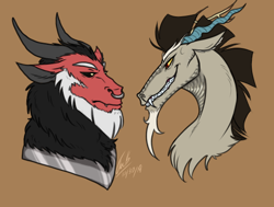 Size: 570x430 | Tagged: artist needed, source needed, safe, artist:sombracord, imported from derpibooru, discord, lord tirek, centaur, draconequus, bust, gay, looking at each other, male, nose piercing, nose ring, piercing, septum piercing, shipping, signature, tirekcord