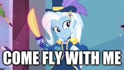Size: 640x360 | Tagged: safe, edit, edited screencap, imported from derpibooru, screencap, trixie, equestria girls, equestria girls series, street magic with trixie, spoiler:eqg series (season 2), caption, female, image macro, magician outfit, smiling, solo, text