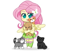 Size: 888x765 | Tagged: safe, artist:kittyrosie, imported from derpibooru, fluttershy, cat, equestria girls, blushing, chibi, cute, daaaaaaaaaaaw, dawwww, digital art, female, kitten, ponied up, shyabetes, simple background, smiling, solo, white background, wings