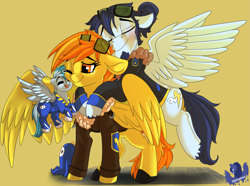 Size: 2901x2160 | Tagged: safe, artist:brainiac, imported from derpibooru, soarin', spitfire, oc, oc:concorde, pegasus, pony, ask firestarter spitfire, bomber jacket, bottomless, clothes, cute, fall guys, fall guys crown, family, female, filly, foal, jacket, male, mare, nonbinary, ocbetes, offspring, parent:soarin', parent:spitfire, parents:soarinfire, partial nudity, pegasus oc, shipping, soarinfire, stallion, straight, sunglasses, unshorn fetlocks, wings