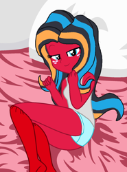 Size: 1192x1612 | Tagged: safe, artist:lynnthenerdkitty, imported from derpibooru, oc, oc:windblade, equestria girls, base, base used, bed, blue underwear, clothes, crossover, equestria girls-ified, looking at you, on bed, panties, sleepy, smiling, smiling at you, socks, tanktop, transformers, underwear, windblade
