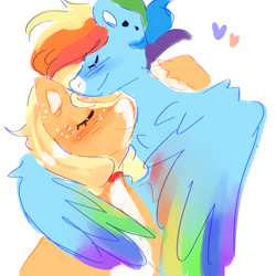 Size: 2048x2048 | Tagged: artist needed, source needed, safe, artist:jupiterscent, imported from derpibooru, applejack, rainbow dash, earth pony, pegasus, pony, alternate hairstyle, appledash, colored sketch, colored wings, duo, ear piercing, eyes closed, female, floating heart, freckles, heart, hug, lesbian, multicolored wings, pale belly, piercing, rainbow wings, shipping, simple background, sketch, white background, winghug, wings