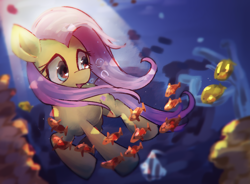 Size: 1900x1400 | Tagged: safe, artist:lexiedraw, imported from derpibooru, fluttershy, fish, pegasus, pony, female, mare, solo, sunlight, swimming, underwater, watershy