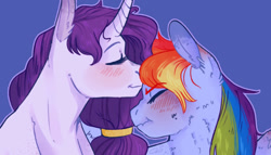 Size: 943x540 | Tagged: artist needed, source needed, safe, imported from derpibooru, rainbow dash, rarity, alternate hairstyle, blushing, female, kiss on the head, lesbian, mare, nuzzling, raridash, shipping, tsunderainbow, tsundere