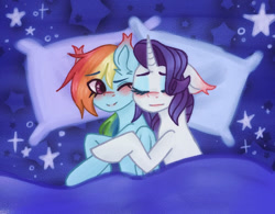 Size: 899x702 | Tagged: artist needed, source needed, safe, imported from derpibooru, rainbow dash, rarity, bed, blushing, colored eyebrows, colored eyelashes, cuddling, ear blush, female, lesbian, mare, raridash, shipping, spooning