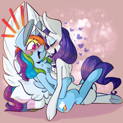 Size: 3000x3000 | Tagged: safe, artist:whiteartblood, imported from derpibooru, rainbow dash, rarity, pegasus, pony, unicorn, blushing, chest fluff, cuddling, eyes closed, female, lesbian, mare, no pupils, open mouth, raridash, shipping, sitting, smiling, spread wings, underhoof, watermark, wingboner, wings