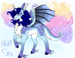 Size: 1154x900 | Tagged: safe, artist:malinraf1615, imported from derpibooru, oc, oc only, oc:night sky, alicorn, bat pony, bat pony alicorn, pony, bat wings, chest fluff, female, horn, mare, solo, unshorn fetlocks, wings