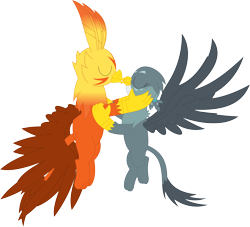 Size: 3554x3229 | Tagged: safe, artist:porygon2z, imported from derpibooru, gabby, oc, oc:blaze, griffon, blabby, canon x oc, duo, eyes closed, female, gay, griffon oc, kiss on the lips, kissing, love, male, romance, simple background, spread wings, straight, transparent background, wings