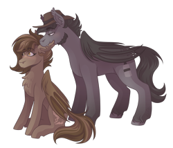 Size: 3500x3000 | Tagged: safe, artist:kikirdcz, imported from derpibooru, oc, oc only, oc:dusty trails, oc:onyx weatherfield, bat pony, pony, biting, ear bite, female, hat, male, mare, simple background, stallion, transparent background