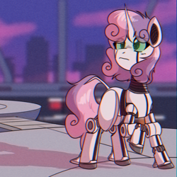 Size: 1200x1200 | Tagged: safe, artist:provolonepone, imported from derpibooru, sweetie belle, pony, robot, robot pony, unicorn, chromatic aberration, missing cutie mark, raised hoof, science fiction, solo, sweetie bot