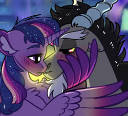 Size: 2300x2100 | Tagged: safe, artist:loryska, imported from derpibooru, discord, twilight sparkle, alicorn, pony, blushing, chest fluff, colored wings, colored wingtips, discolight, ear fluff, fangs, female, infidelity, male, shipping, straight, twilight sparkle (alicorn), wing hands, wings