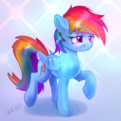 Size: 2446x2446 | Tagged: safe, artist:xbi, imported from derpibooru, rainbow dash, pegasus, pony, abstract background, female, gradient background, lidded eyes, mare, smiling, solo, trotting, walking