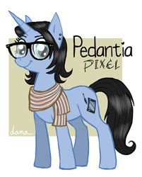 Size: 762x950 | Tagged: safe, artist:pedantia, imported from derpibooru, oc, oc only, oc:pedantia pixel, pony, unicorn, abstract background, clothes, glasses, scarf, solo