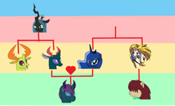 Size: 862x525 | Tagged: safe, artist:schumette14, imported from derpibooru, pharynx, princess celestia, queen chrysalis, thorax, oc, oc:beetles, oc:muss, changedling, changeling, changepony, hybrid, family tree, female, king thorax, male, offspring, parent:pha, parent:pharynx, parent:princess luna, parents:lunarynx, prince pharynx, shipping, story included