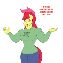 Size: 1570x1588 | Tagged: safe, artist:matchstickman, imported from derpibooru, apple bloom, anthro, earth pony, tumblr:where the apple blossoms, apple bloom's bow, apple brawn, bow, breasts, busty apple bloom, clothes, comic, dialogue, female, free hugs, hair bow, jeans, long sleeves, looking at you, mare, matchstickman's apple brawn series, muscles, muscular female, older, older apple bloom, pants, simple background, solo, speech bubble, sweater, talking to viewer, tumblr comic, white background