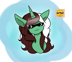 Size: 774x668 | Tagged: safe, artist:kaggy009, imported from derpibooru, oc, oc only, oc:peppermint pattie (unicorn), pony, ask peppermint pattie, emoji, solo, sunglasses
