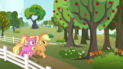 Size: 1920x1080 | Tagged: safe, imported from derpibooru, screencap, applejack, luster dawn, the last problem, apple, apple tree, fence, flower, food, intertwined trees, older, older applejack, pear, pear tree, tree