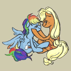 Size: 1000x1000 | Tagged: safe, artist:laya-21, imported from derpibooru, applejack, rainbow dash, earth pony, pegasus, pony, appledash, duo, female, head in hooves, lesbian, looking at each other, shipping, simple background, sitting, smiling