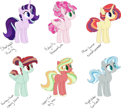 Size: 1280x1144 | Tagged: safe, artist:leaf-in-thewind, imported from derpibooru, oc, oc only, earth pony, pegasus, pony, unicorn, crack ship offspring, earth pony oc, horn, magical lesbian spawn, offspring, parent:big macintosh, parent:blossomforth, parent:cherry jubilee, parent:coco pommel, parent:moondancer, parent:night glider, parent:pinkie pie, parent:rainbow dash, parent:rarity, parent:starlight glimmer, parent:sunset shimmer, parent:vapor trail, parents:cherrydash, parents:cocoglider, parents:moonset, parents:pinkieforth, parents:starity, parents:vapormac, pegasus oc, simple background, transparent background, unicorn oc, wings
