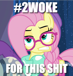 Size: 1035x1077 | Tagged: safe, edit, edited screencap, imported from derpibooru, screencap, fluttershy, pony, fake it 'til you make it, alternate hairstyle, caption, cropped, hashtag, hipstershy, image macro, solo, text, vulgar, woke
