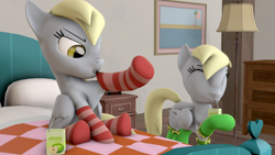 Size: 1920x1080 | Tagged: safe, artist:argodaemon, imported from derpibooru, derpy hooves, pony, 3d, bed, clothes, juice, juice box, painting, scrunchy face, self ponidox, sfm pony, socks, source filmmaker, striped socks